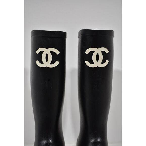 Chanel REV Black White Caoutchouc CC Logo High Pull On Rubber Rain Boots 36 - Picture 6 of 12
